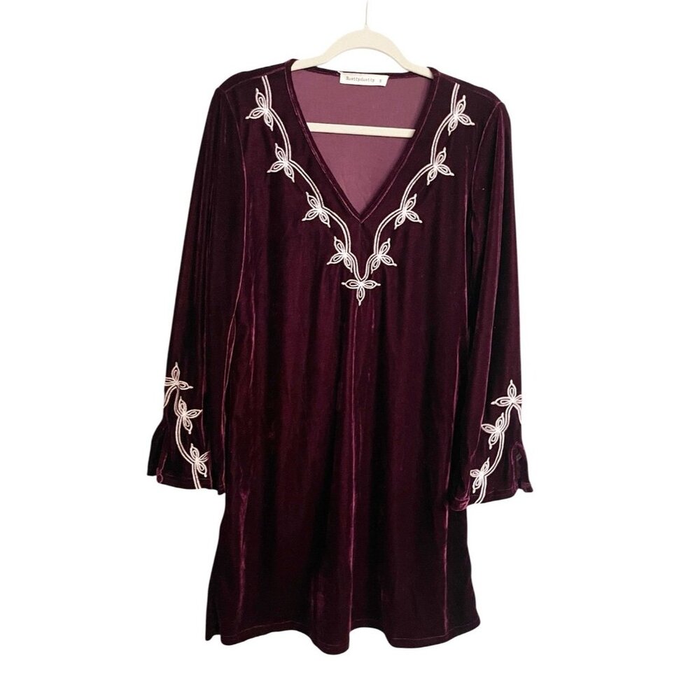 Velvet Tunic Dress Purple Embroidered Boho Festival Bell Sleeve Shift SZ Small
